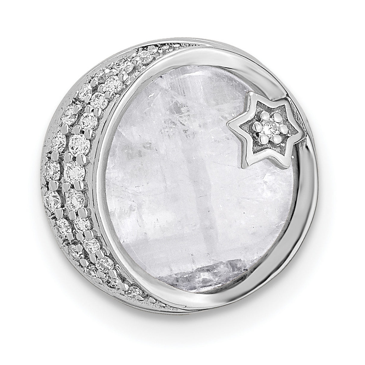 14k White Gold Pendant with Moonstone and Diamond Accents, Crescent Moon and Star Design