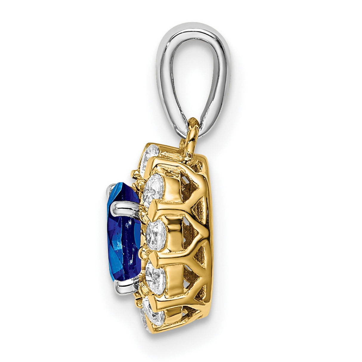 14k Two-Tone Gold Pendant with Blue Sapphire and Diamonds Halo, Floral Design