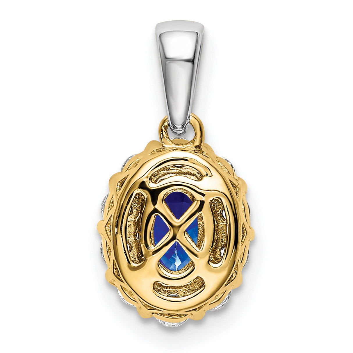 14k Two-Tone Gold Pendant with Blue Sapphire and Diamonds Halo, Floral Design