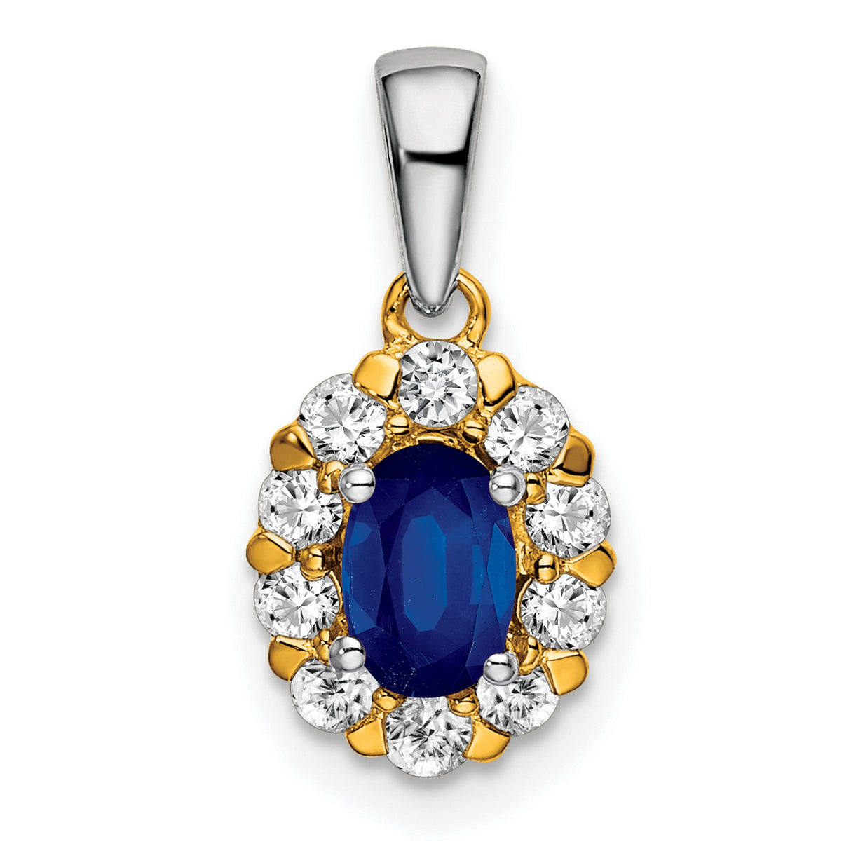 14k Two-Tone Gold Pendant with Blue Sapphire and Cubic Zirconia Halo, Floral Design