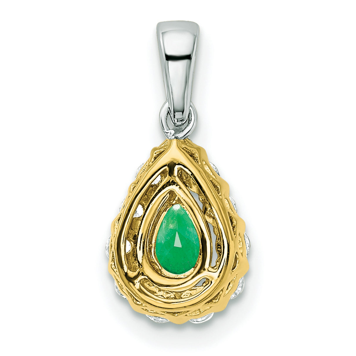 14k Two-Tone Gold Pendant with Pear-Shaped Emerald and Diamond Halo Design