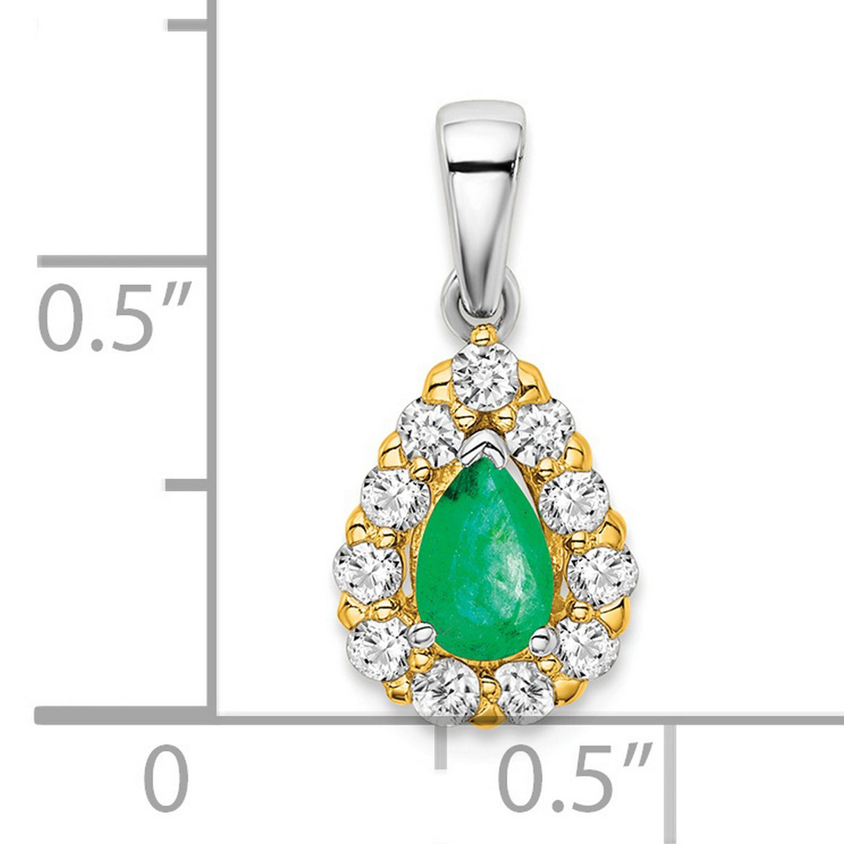 14k Two-Tone Gold Pendant with Pear-Shaped Emerald and Diamond Halo Design