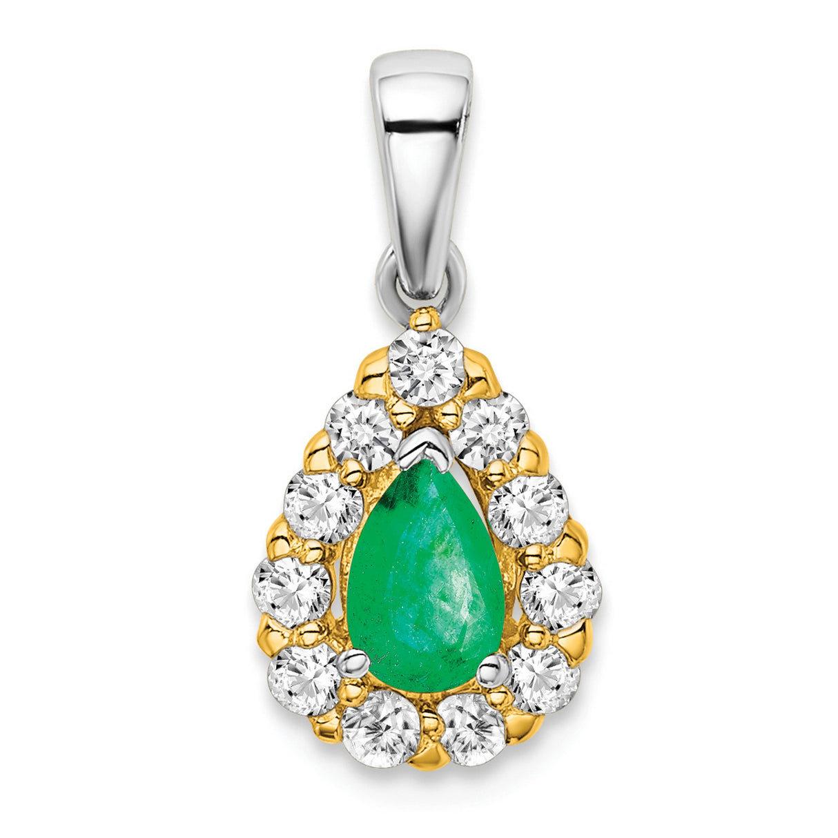 14k Two-Tone Gold Pendant with Pear-Shaped Emerald and Diamond Halo Design