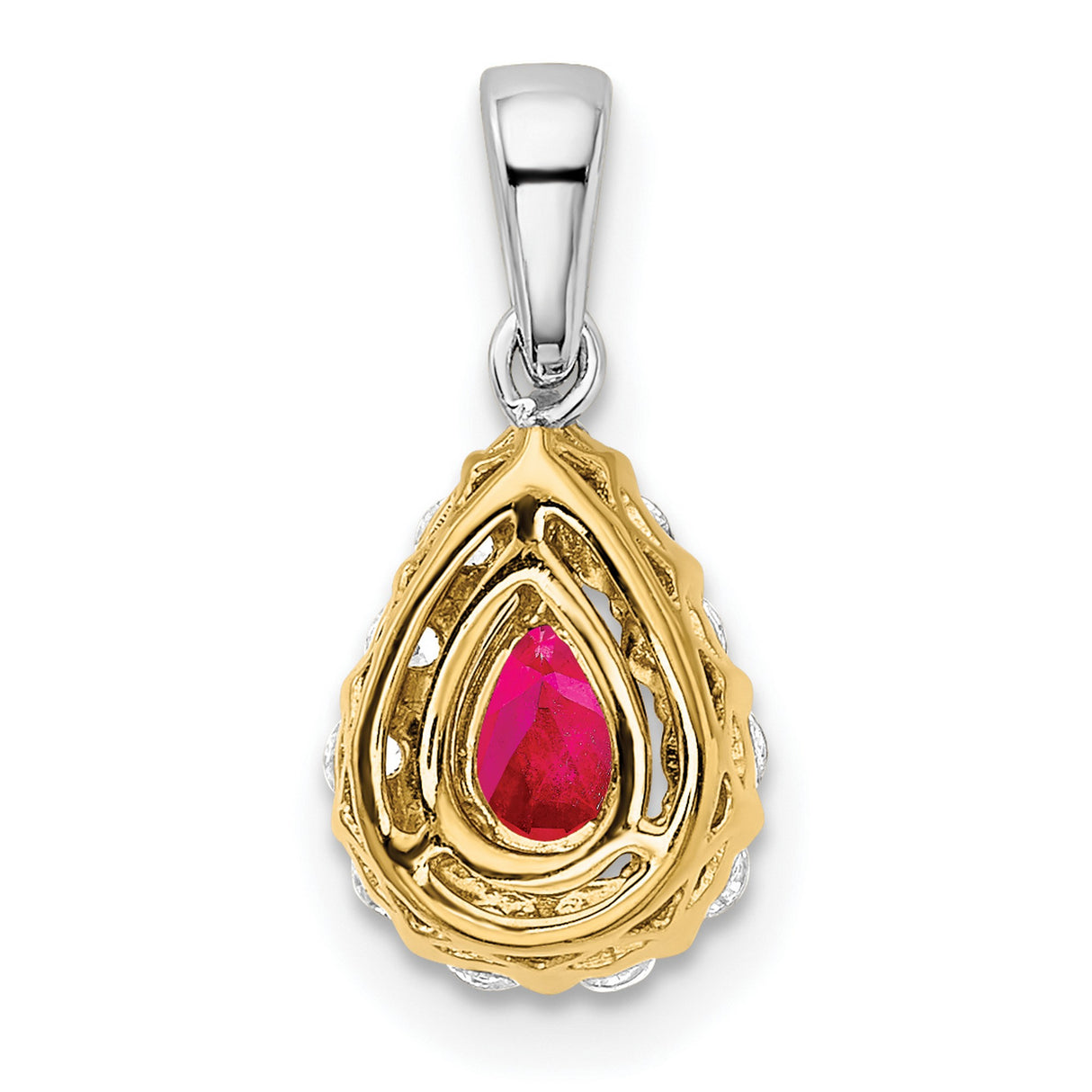 14k Two-Tone Gold Teardrop Pendant with Ruby and Diamond Halo