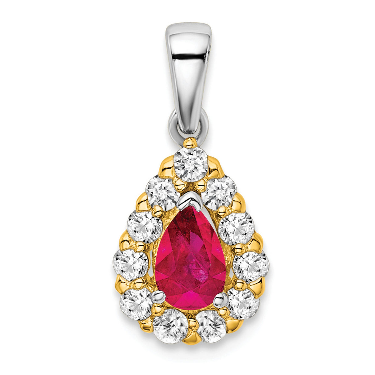 14k Two-Tone Gold Teardrop Pendant with Ruby and Diamond Halo