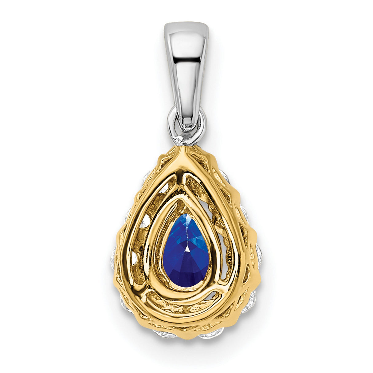 14k Two-Tone Gold Teardrop Pendant with Pear Shaped Blue Sapphire and Diamond Halo