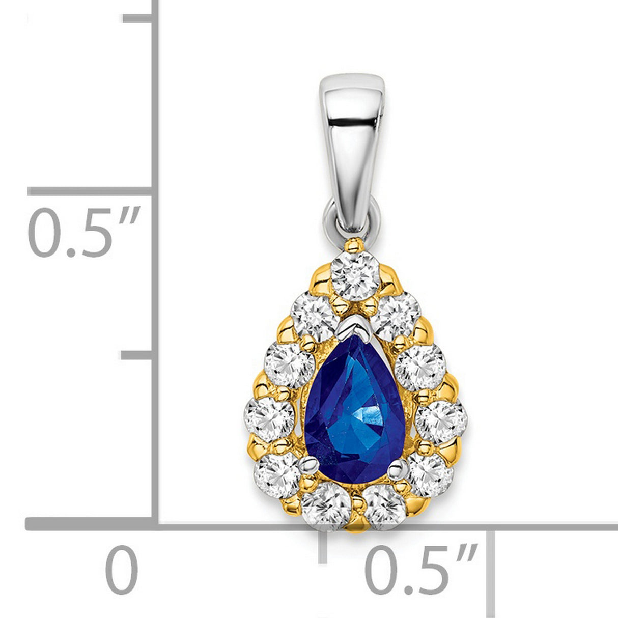 14k Two-Tone Gold Teardrop Pendant with Pear Shaped Blue Sapphire and Diamond Halo