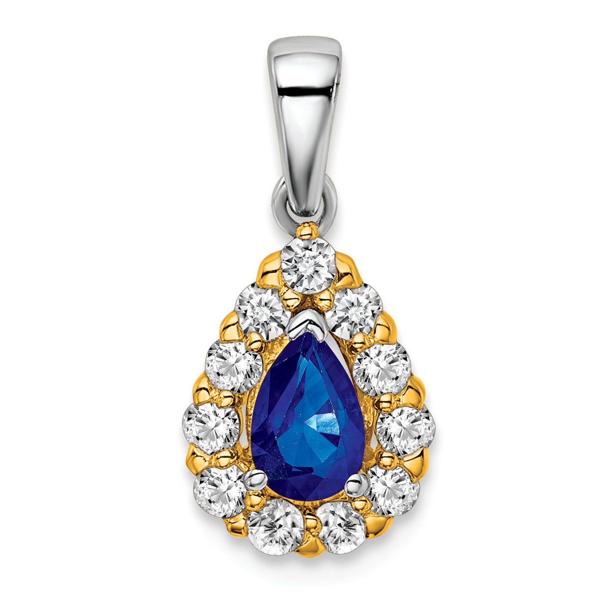 14k Two-Tone Gold Teardrop Pendant with Pear Shaped Blue Sapphire and Diamond Halo