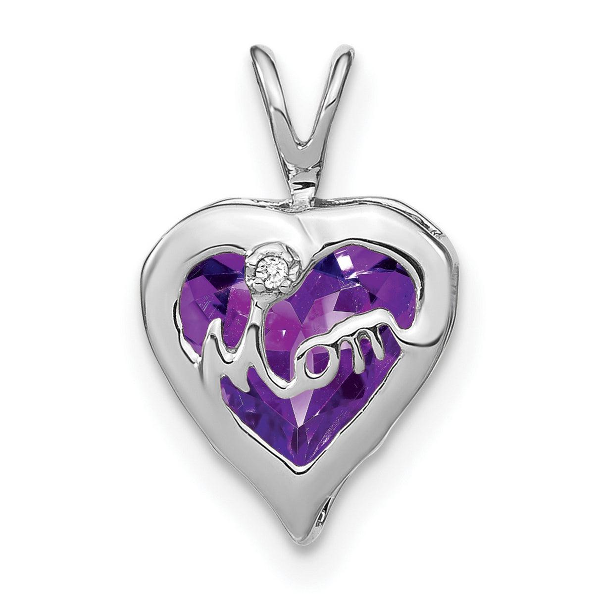 14k White Gold Heart Mom Pendant with Amethyst and Diamond Accent
