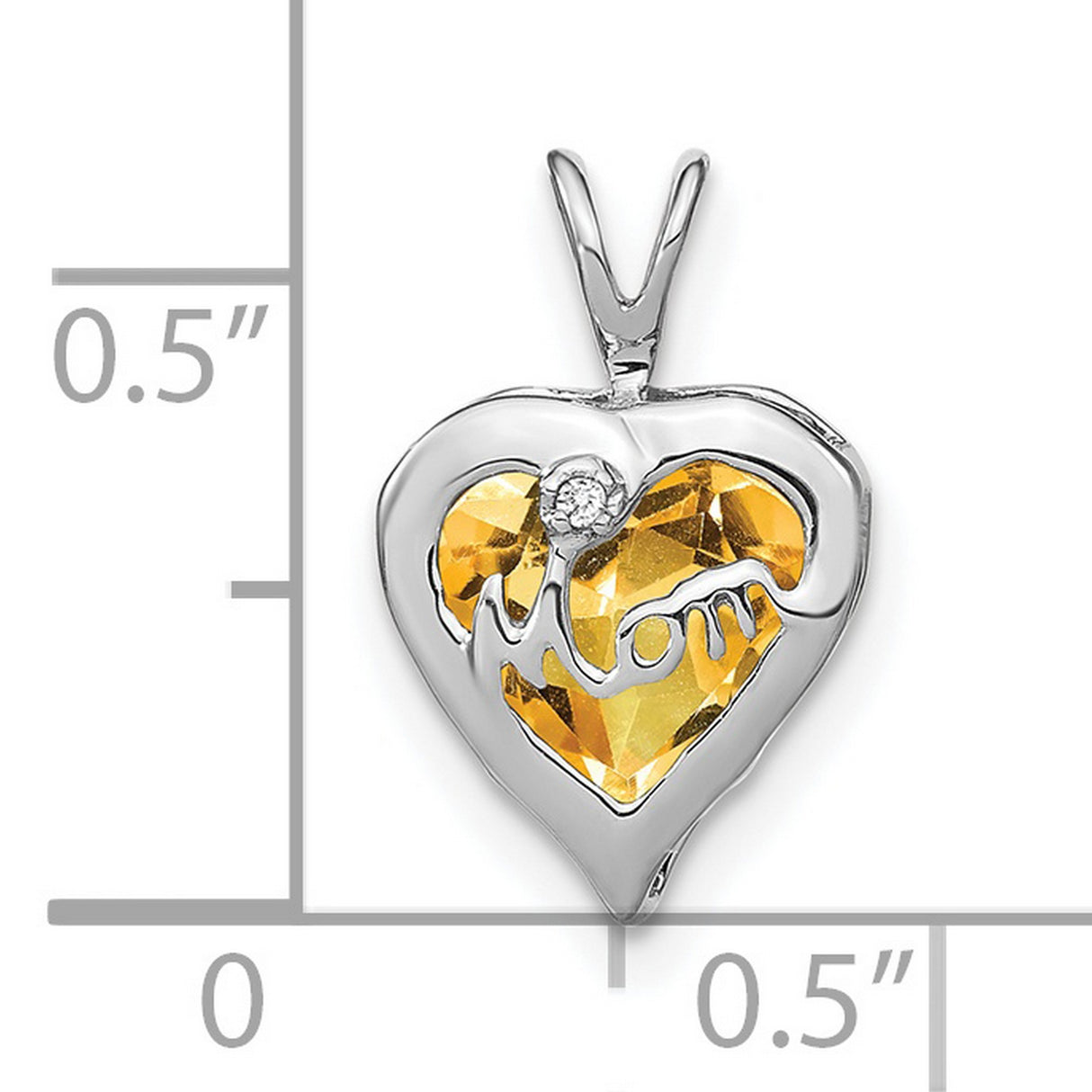 Citrine and Diamond MOM Heart Charm Pendant in Real 14k White Gold