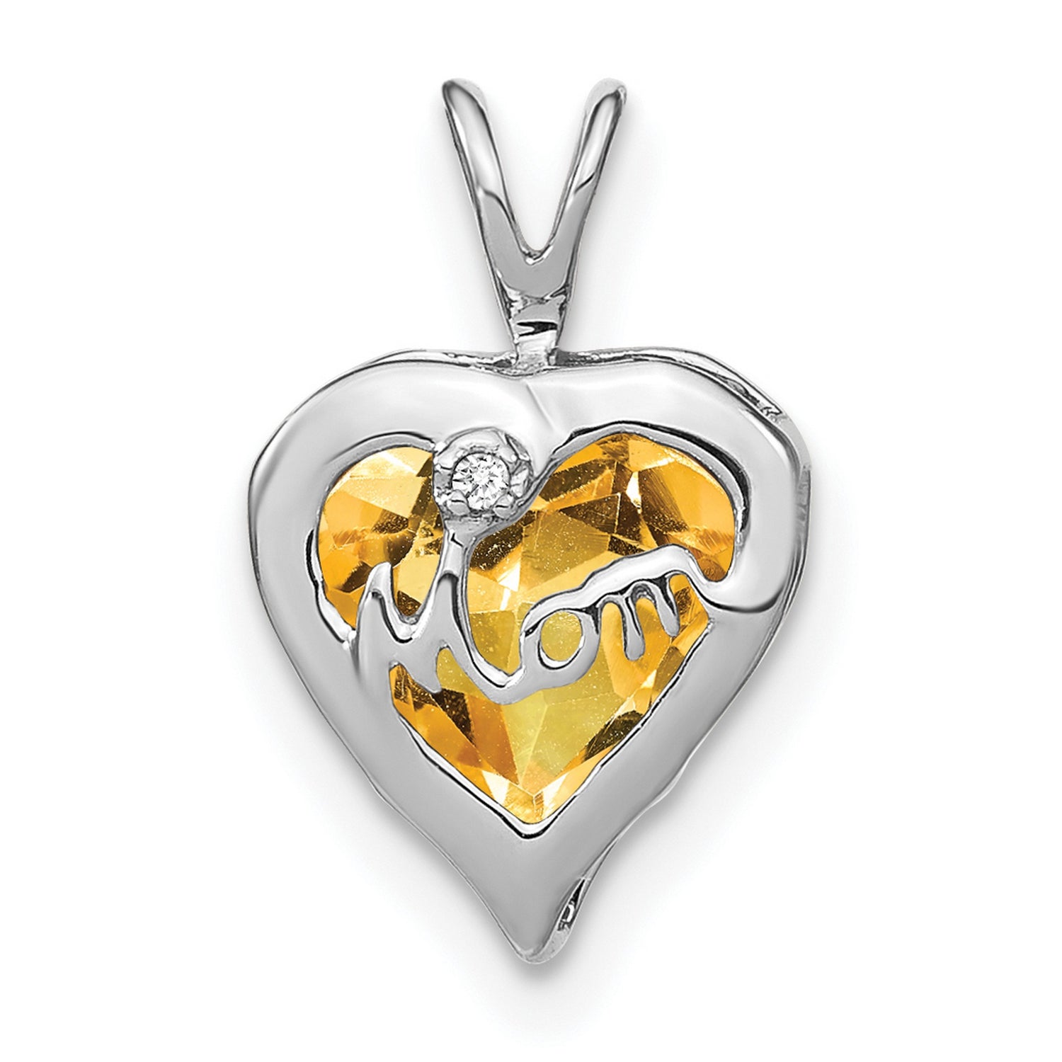 Citrine and Diamond MOM Heart Charm Pendant in Real 14k White Gold