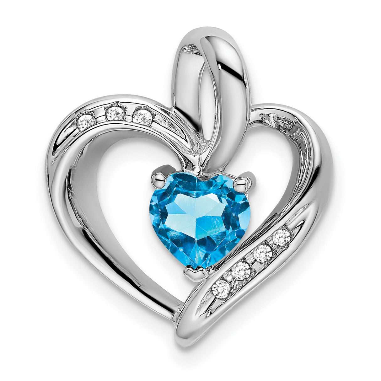 10k White Gold Heart Pendant with Swiss Blue Topaz and Diamond Accents, Open Heart Design