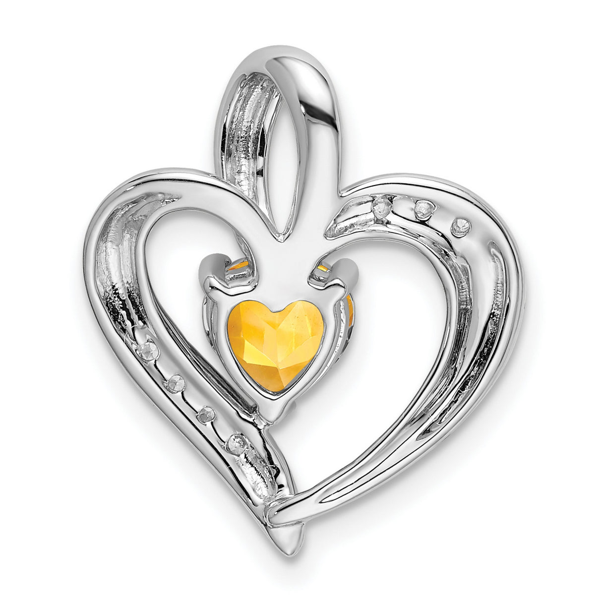 14k White Gold Heart Pendant with Citrine and Diamond Accents, Open Heart Design for Women