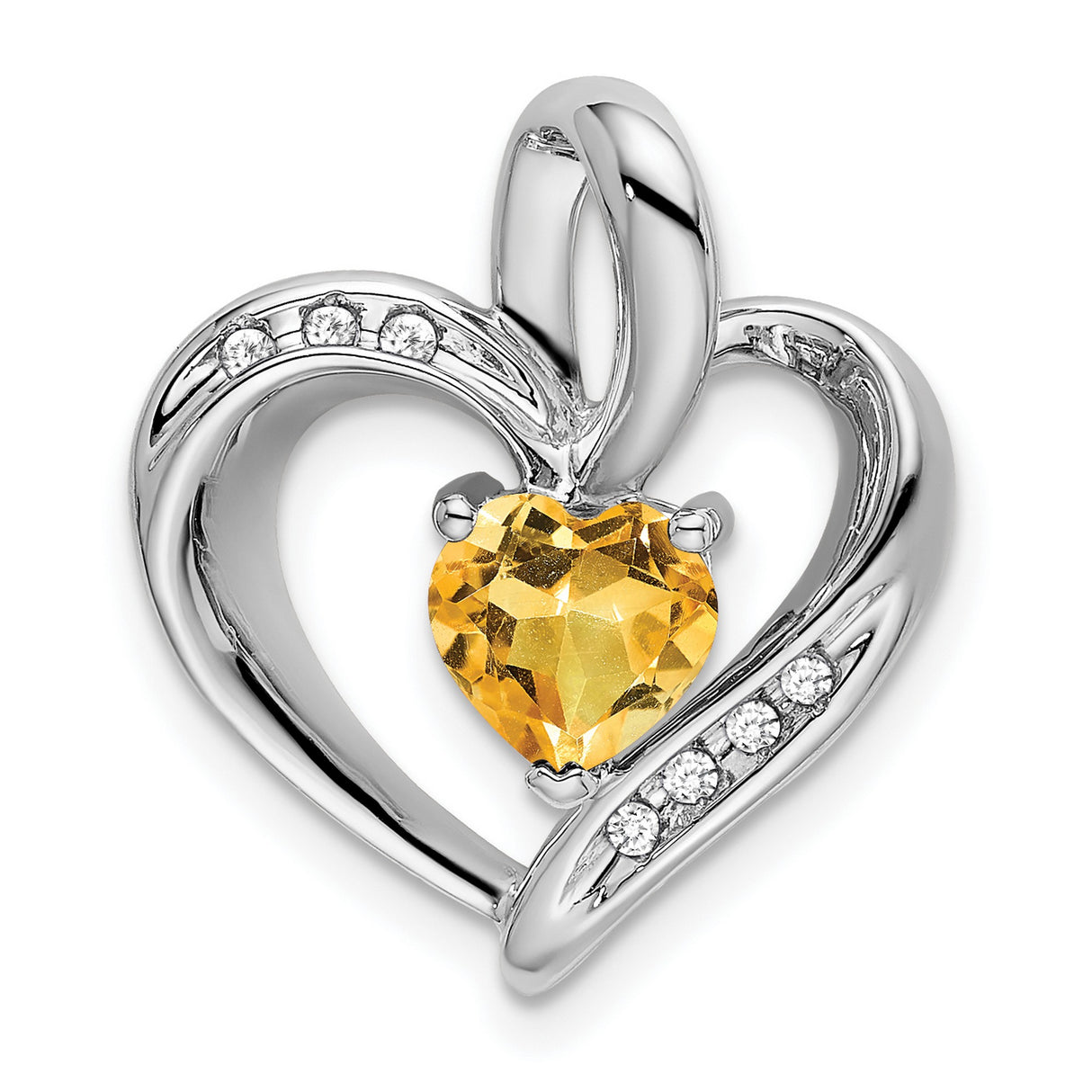 14k White Gold Heart Pendant with Citrine and Diamond Accents, Open Heart Design for Women