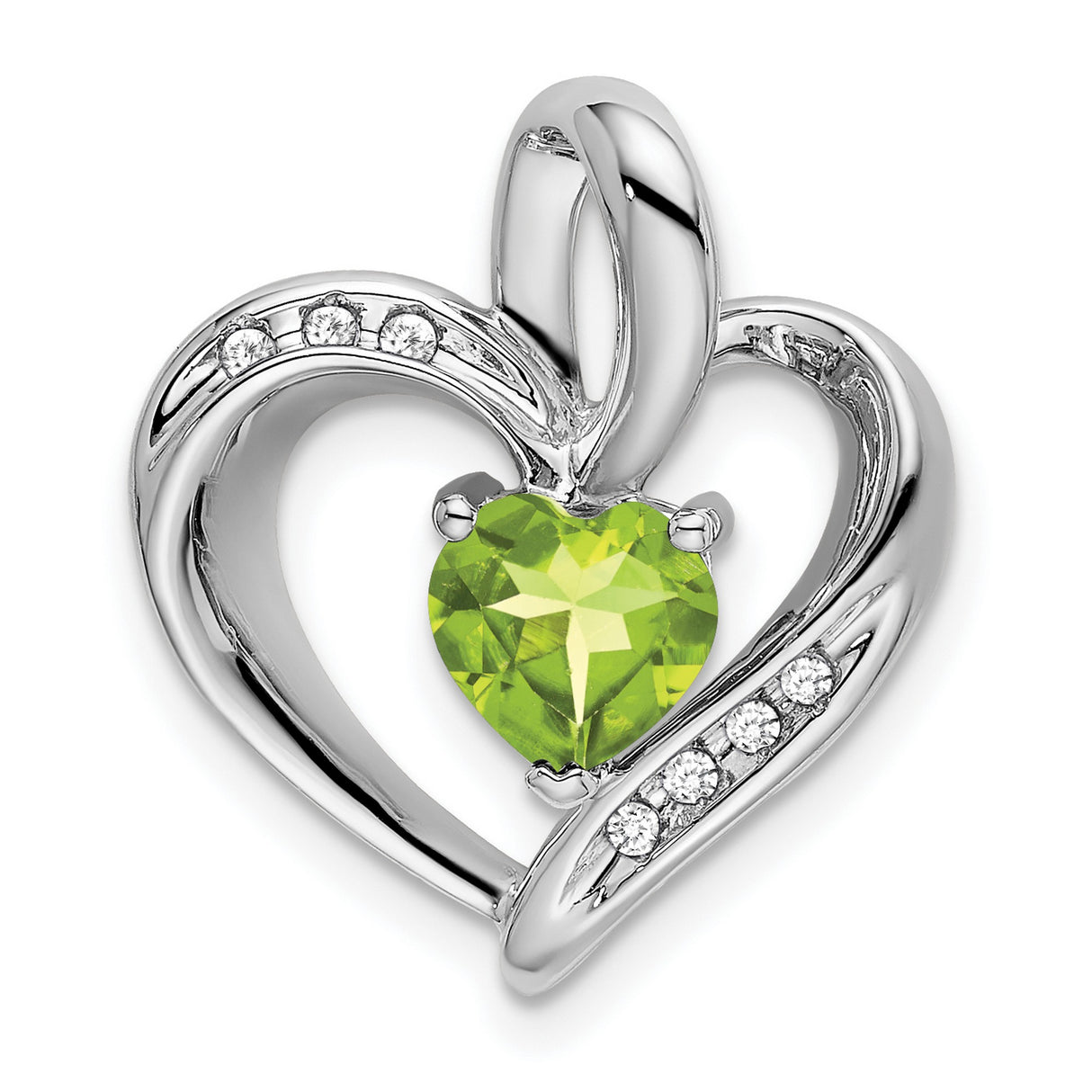 10k White Gold Pendant with Heart-Cut Peridot and Diamond Accents, Open Heart Design