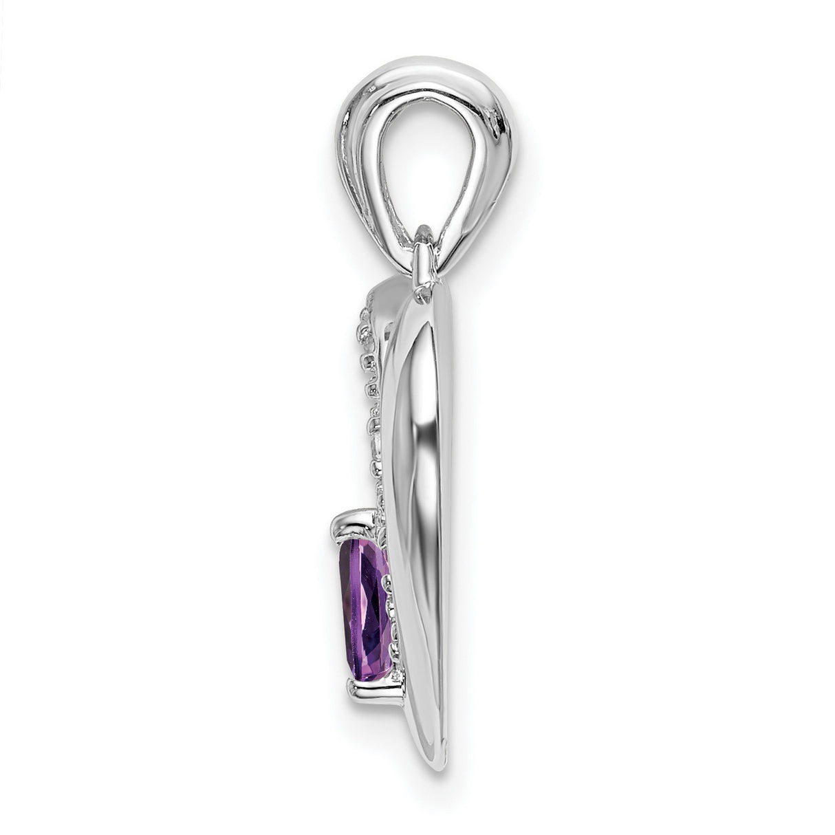 14k White Gold Heart Pendant with Amethyst and Diamond, Double Heart Design
