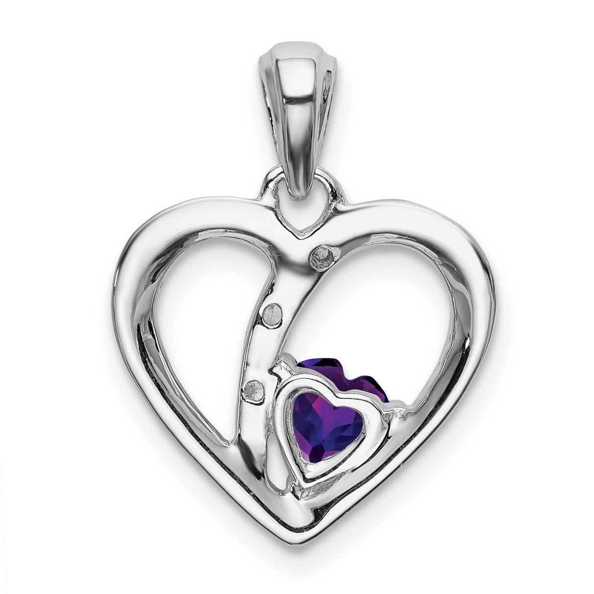 14k White Gold Heart Pendant with Amethyst and Diamond, Double Heart Design