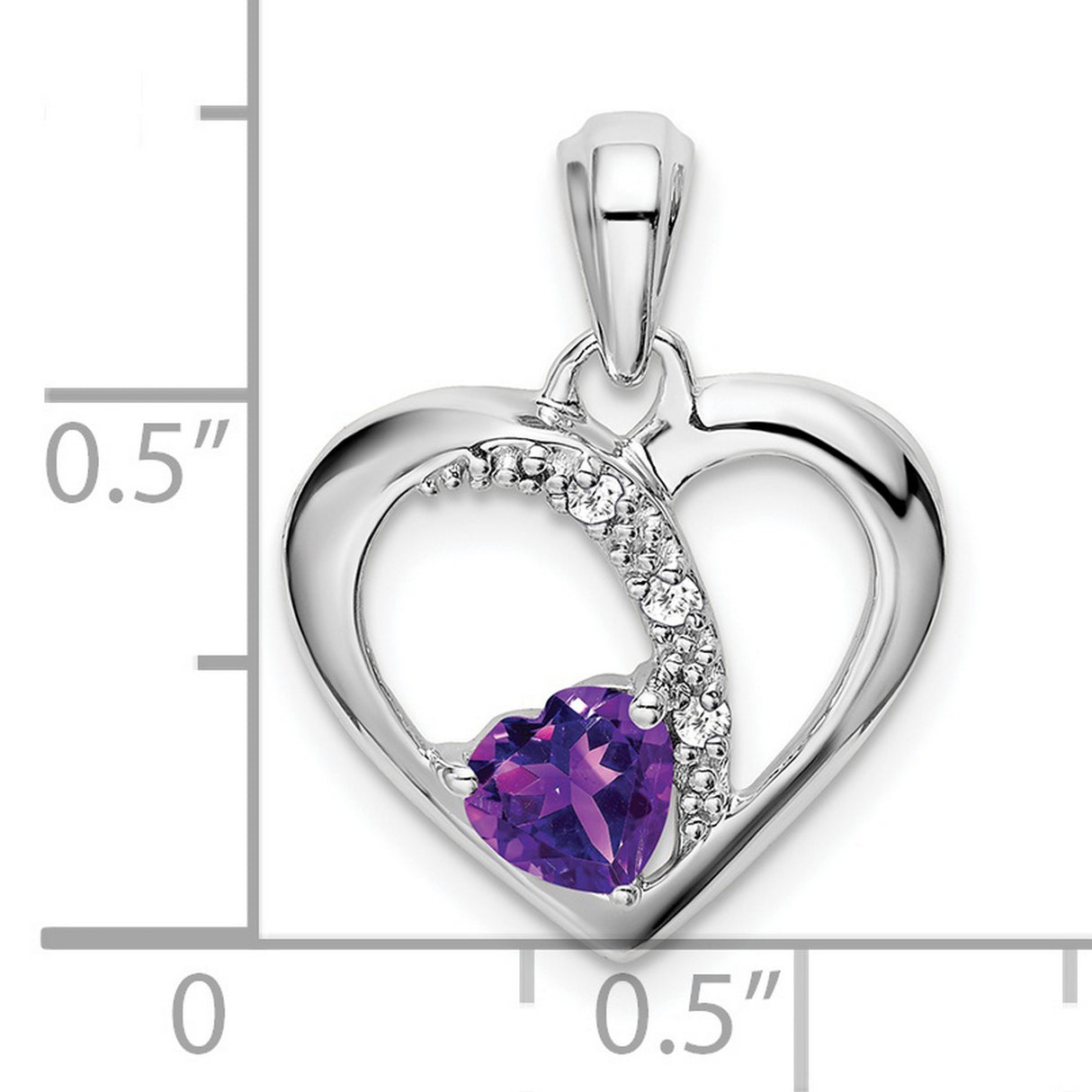 14k White Gold Heart Pendant with Amethyst and Diamond, Double Heart Design