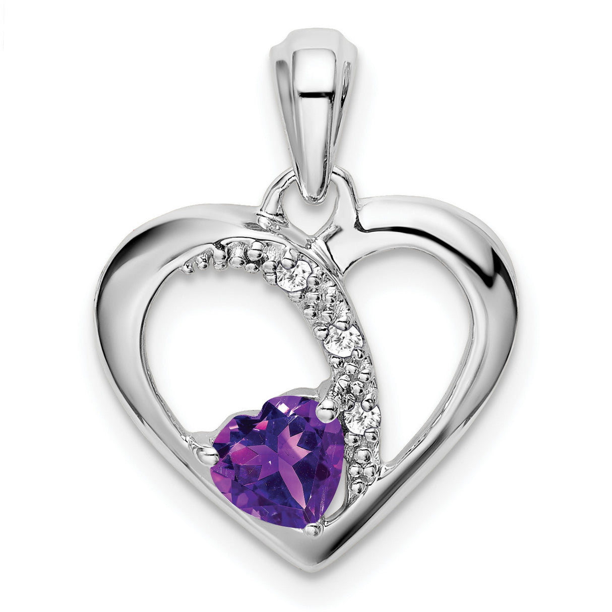 14k White Gold Heart Pendant with Amethyst and Diamond, Double Heart Design
