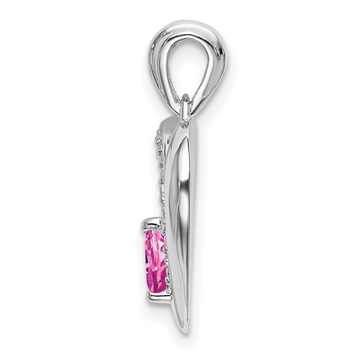 14k White Gold Heart Pendant with Created Pink Sapphire and Diamond Accents, Intertwined Hearts