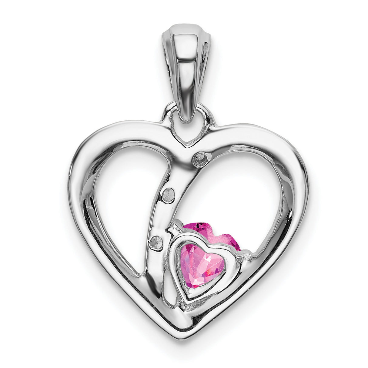 14k White Gold Heart Pendant with Created Pink Sapphire and Diamond Accents, Intertwined Hearts