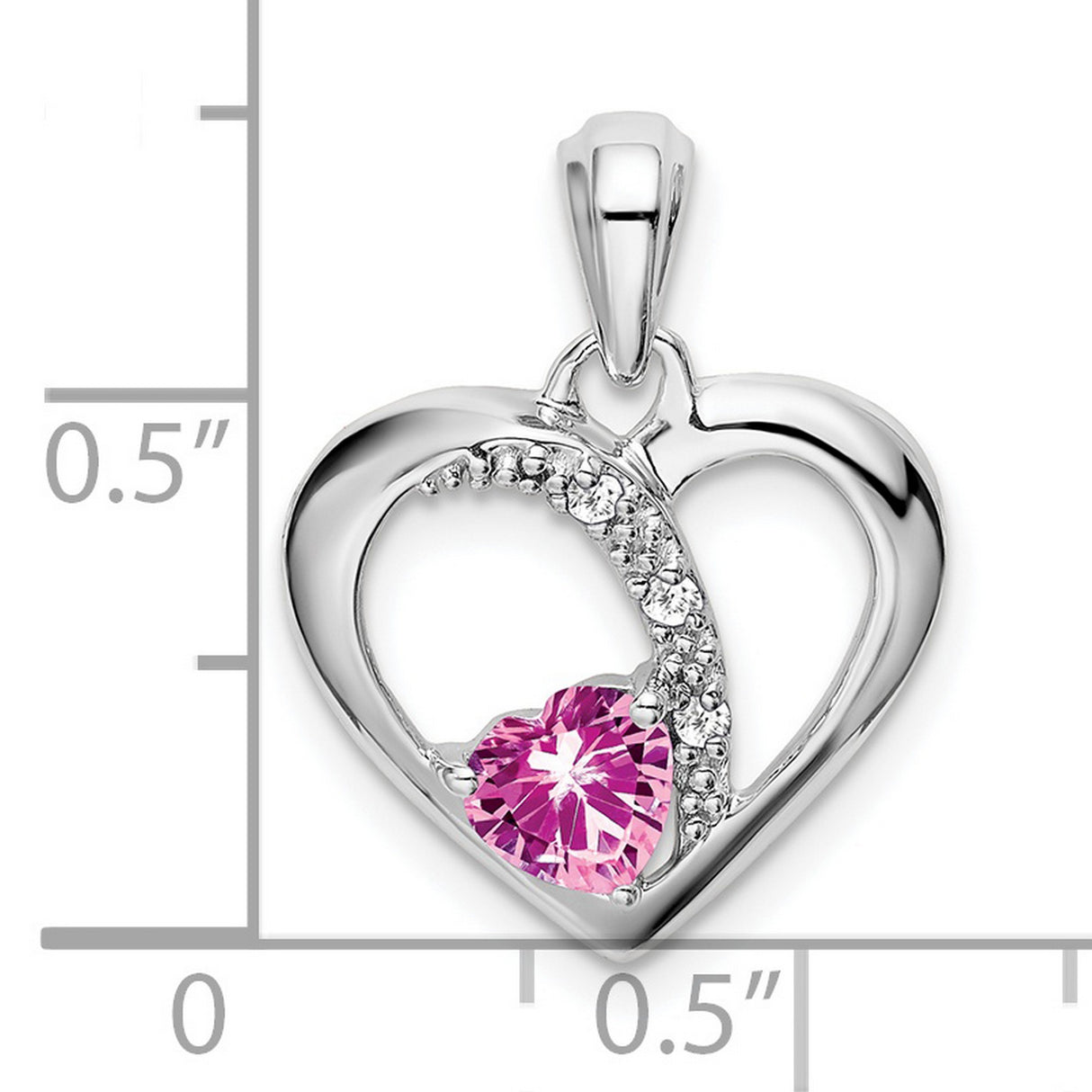 14k White Gold Heart Pendant with Created Pink Sapphire and Diamond Accents, Intertwined Hearts