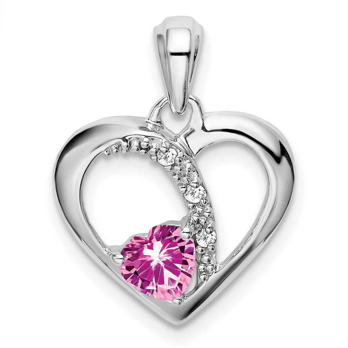 14k White Gold Heart Pendant with Created Pink Sapphire and Diamond Accents, Intertwined Hearts