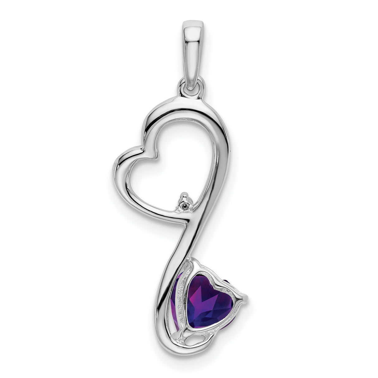 14k White Gold Heart Pendant with Amethyst and Diamond Accent, Open Heart Design for Women