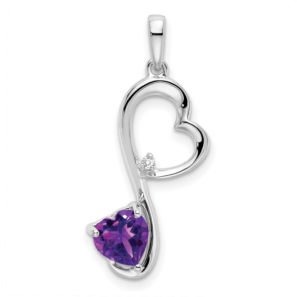 14k White Gold Heart Pendant with Amethyst and Diamond Accent, Open Heart Design for Women