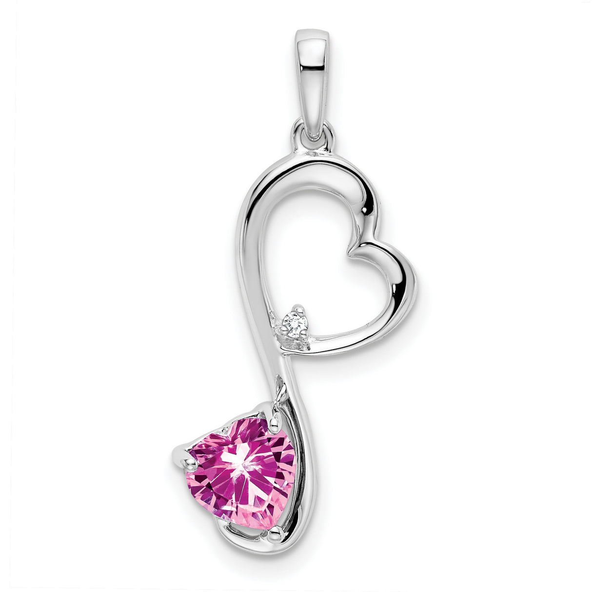 14k White Gold Heart Pendant with Created Pink Sapphire and Diamond Accent