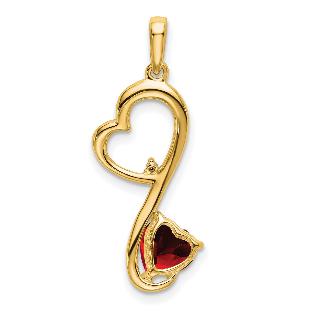 14k Yellow Gold Heart Pendant with Red Garnet and Diamond Accent, Open Heart Design for Women