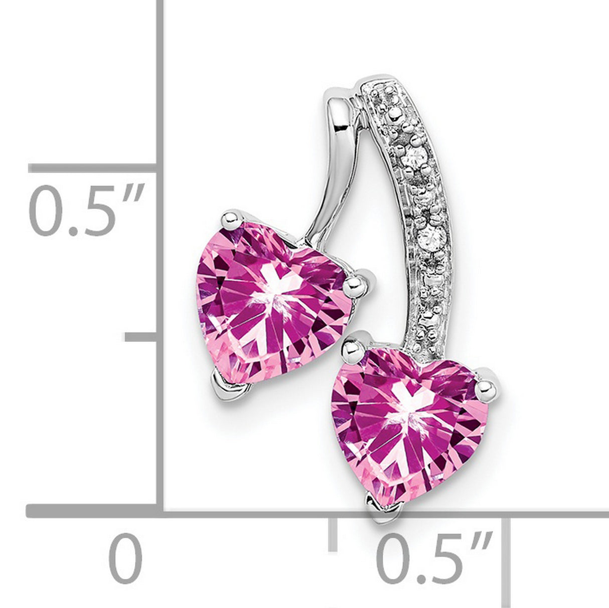 14k White Gold Pendant with Pink Lab Created Sapphire, Diamond Accents, Dual Heart Design