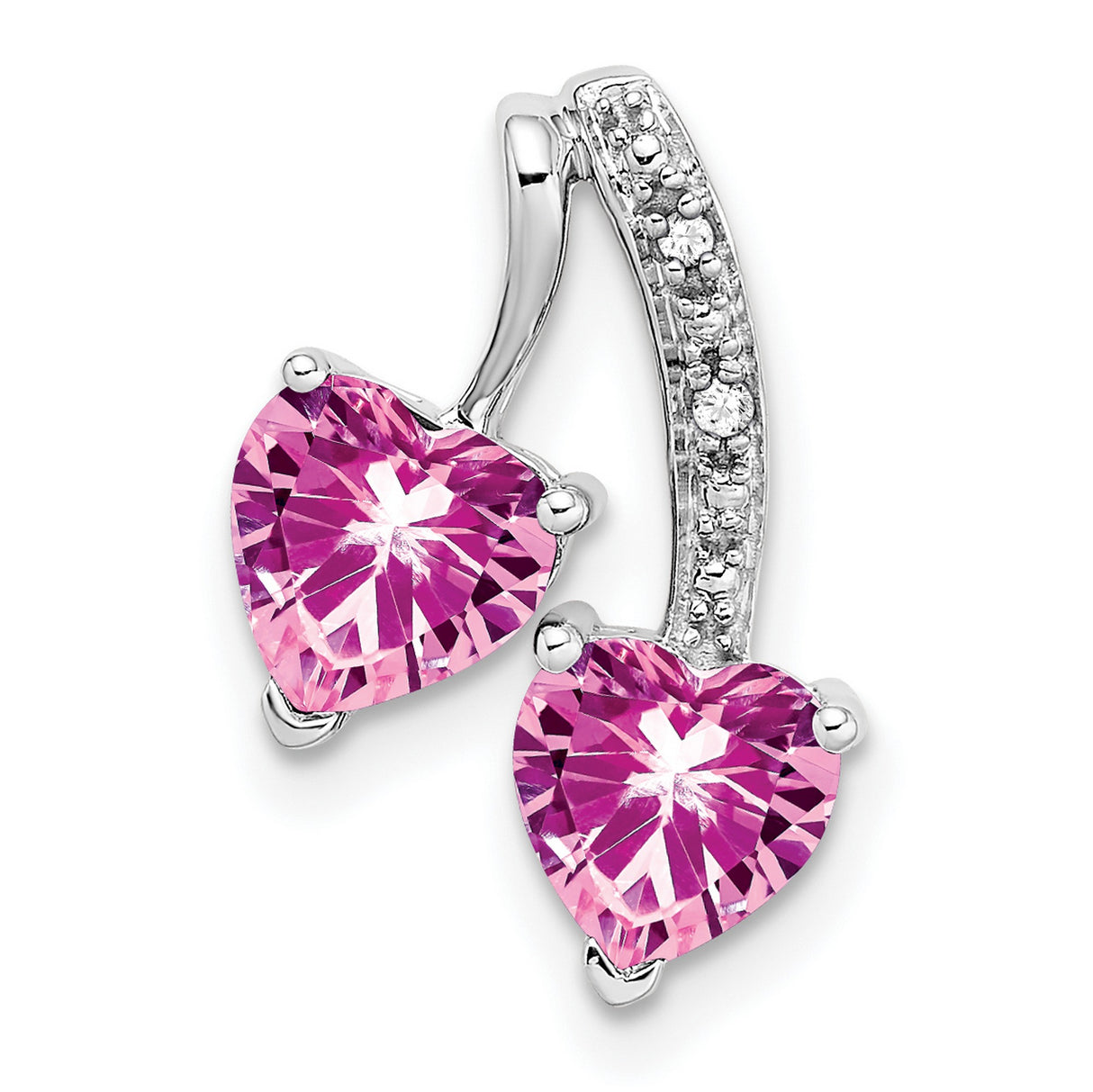 14k White Gold Pendant with Pink Lab Created Sapphire, Diamond Accents, Dual Heart Design