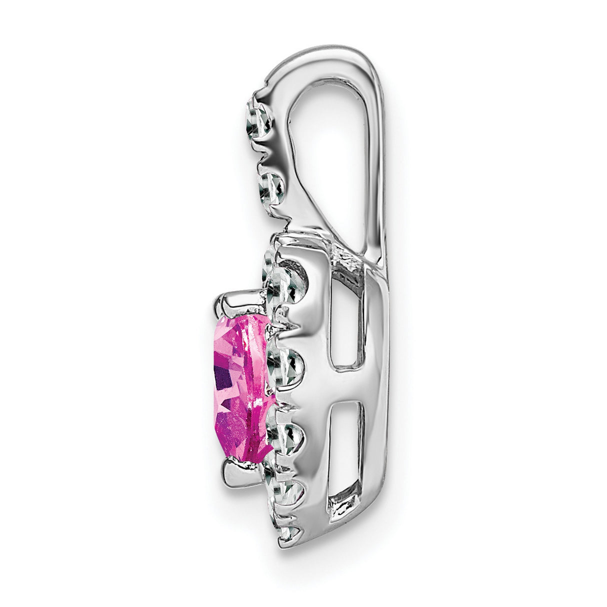 14k White Gold Heart Pendant with Created Pink Sapphire and White Topaz Halo