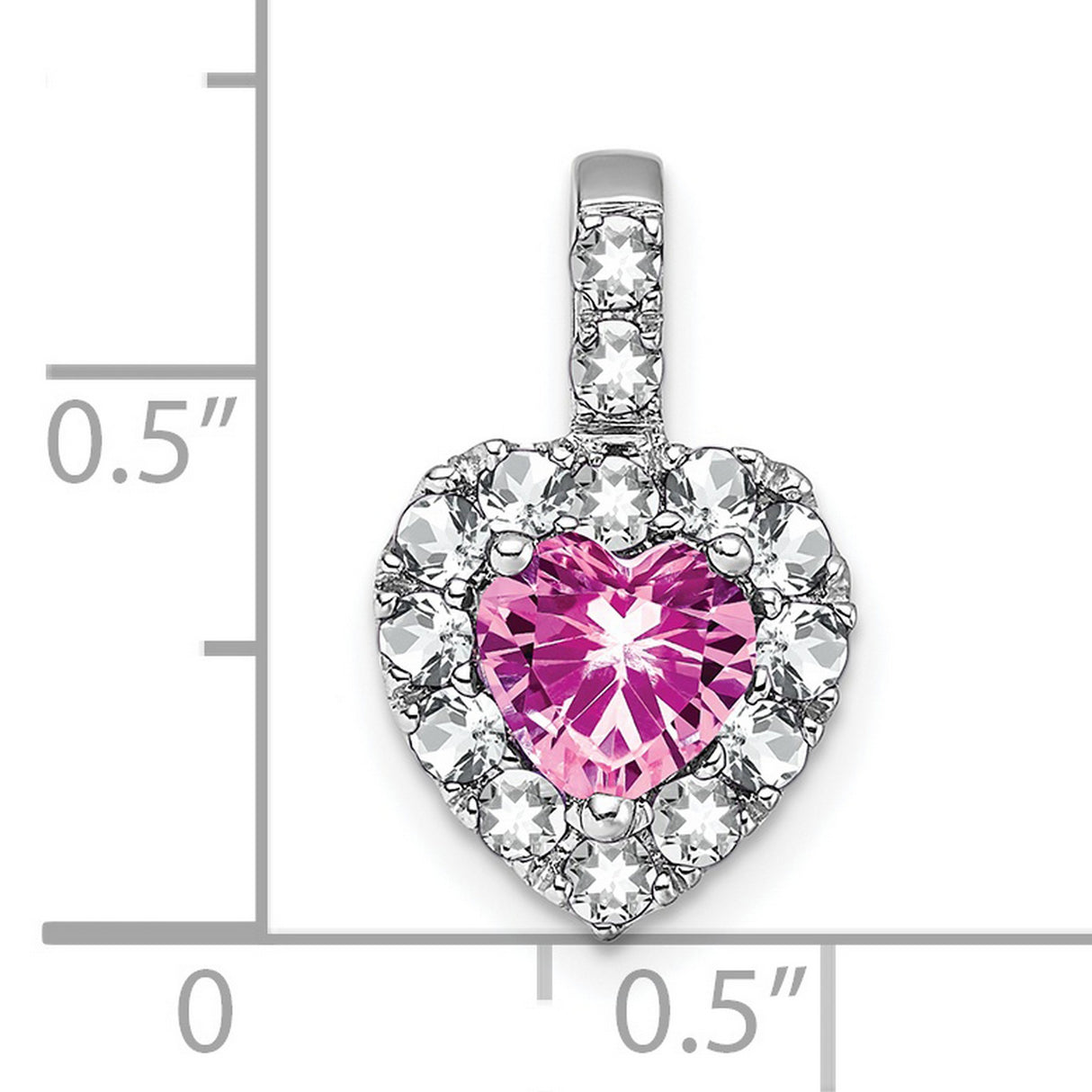 14k White Gold Heart Pendant with Created Pink Sapphire and White Topaz Halo