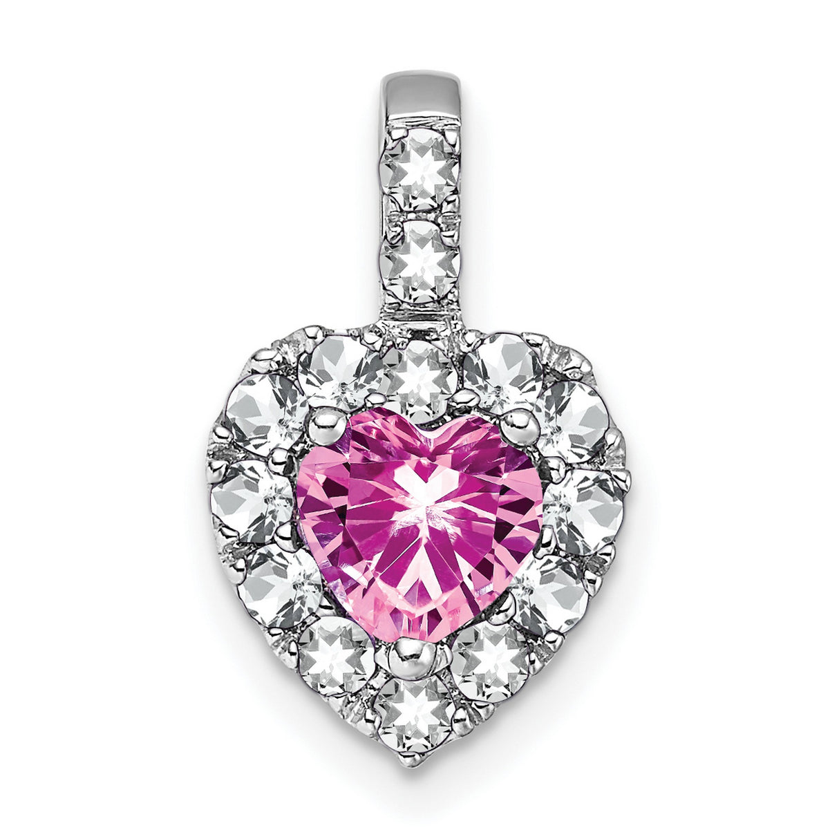 14k White Gold Heart Pendant with Created Pink Sapphire and White Topaz Halo