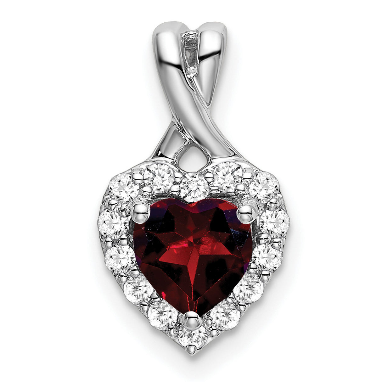 14k White Gold Heart Pendant with Garnet and Diamond Halo