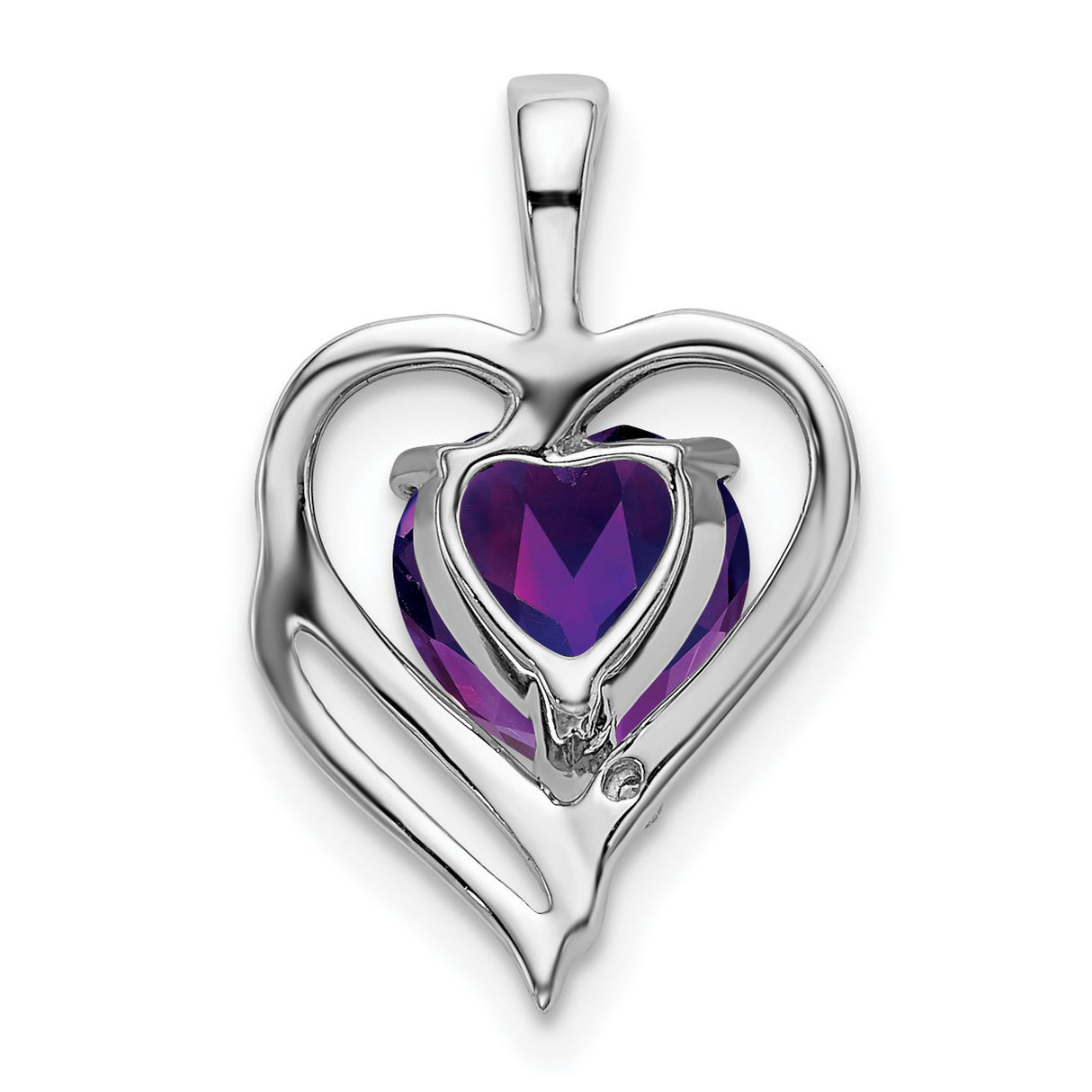 Amethyst and Diamond Heart Charm Pendant in Real 14k White Gold