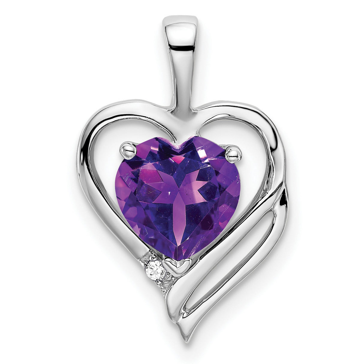 Amethyst and Diamond Heart Charm Pendant in Real 14k White Gold