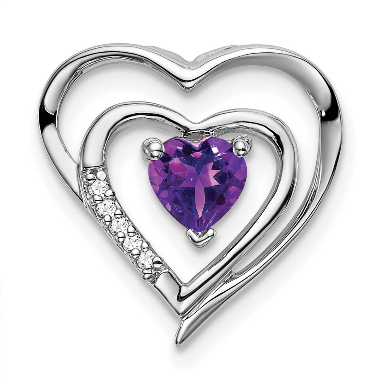 14k White Gold Double Heart Pendant with Amethyst and Diamond Accents for Women