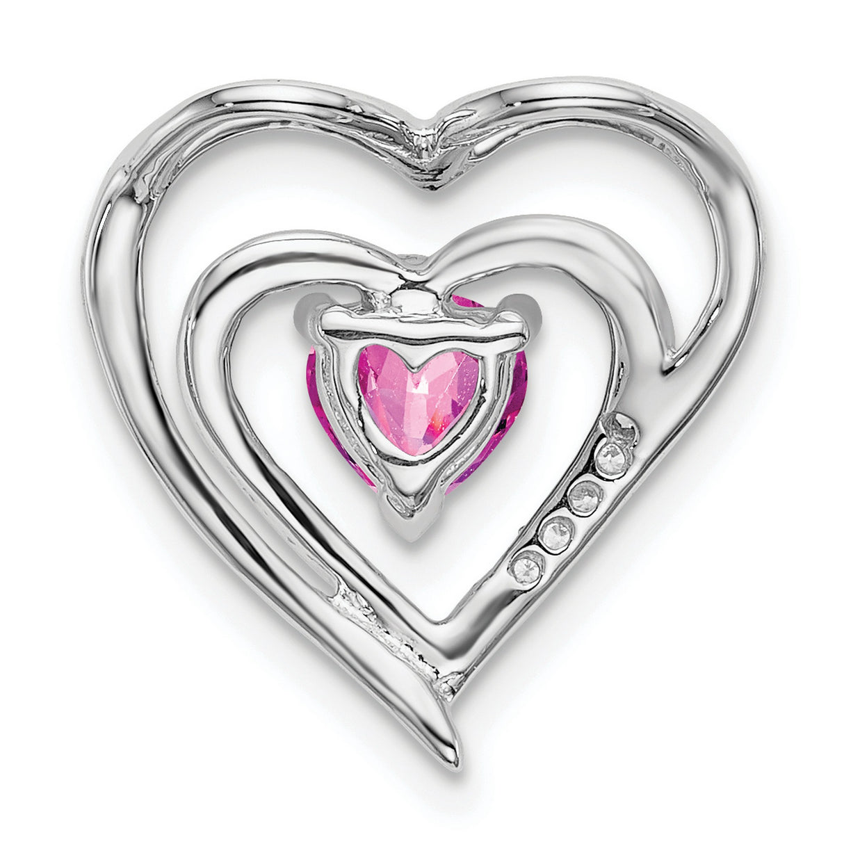 14k White Gold Double Heart Pendant with Pink Lab Created Sapphire and Diamond Accents