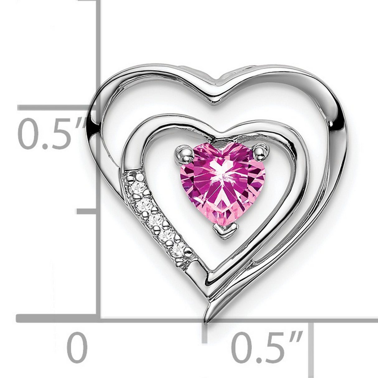 14k White Gold Double Heart Pendant with Pink Lab Created Sapphire and Diamond Accents