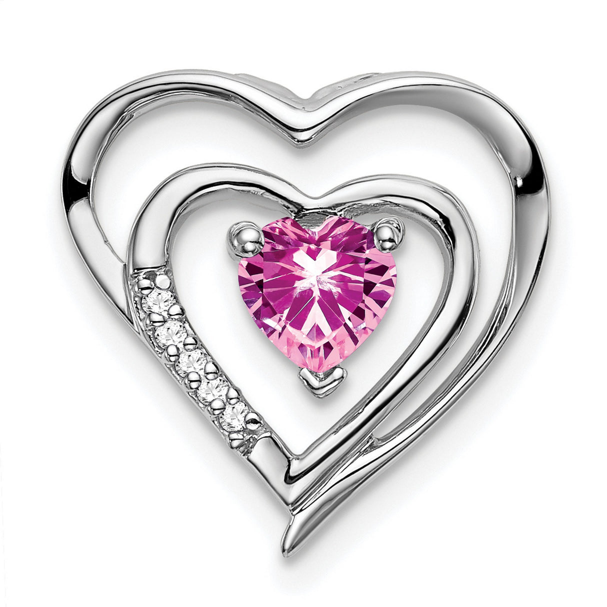 14k White Gold Double Heart Pendant with Pink Lab Created Sapphire and Diamond Accents