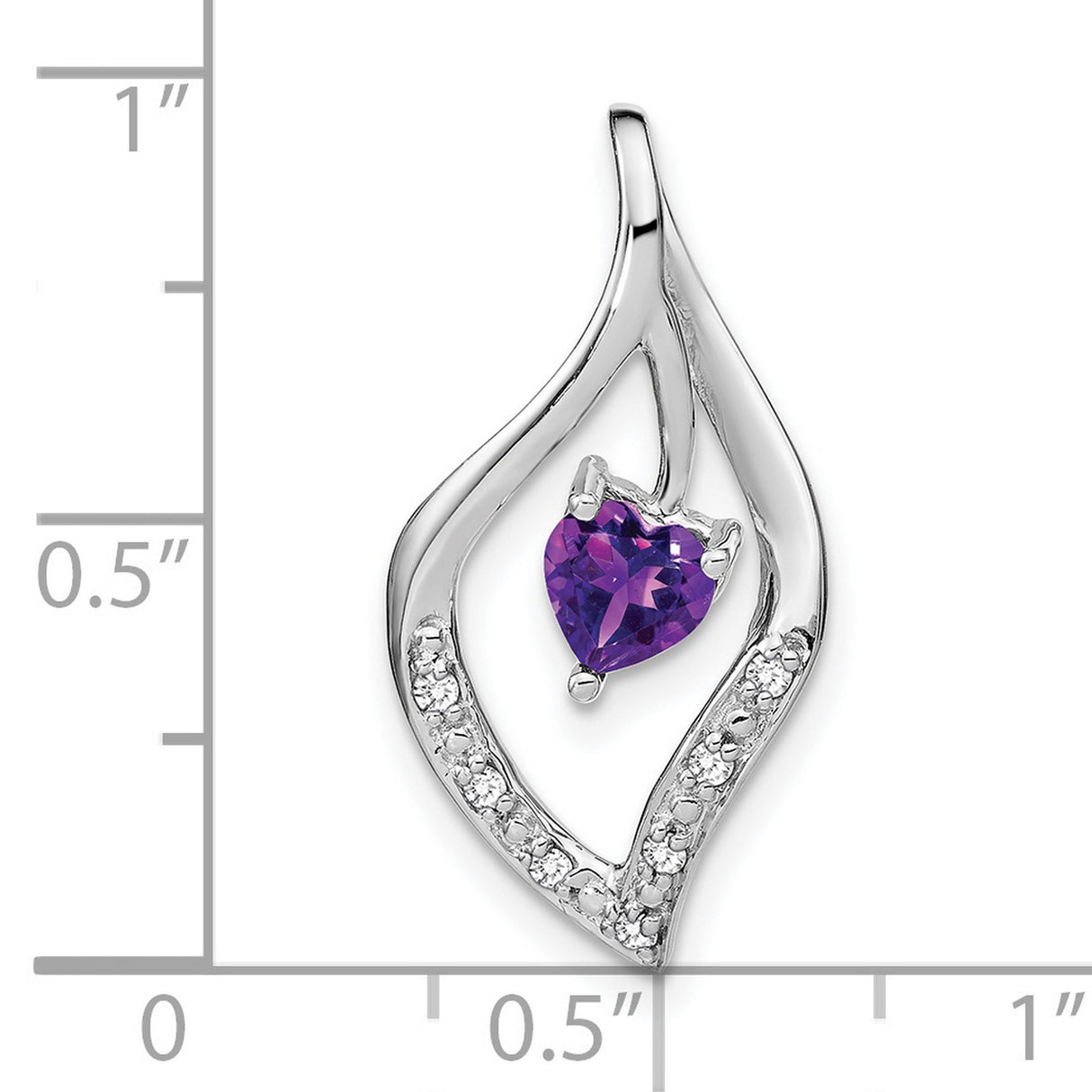 14k White Gold Heart Amethyst Pendant with Diamond Accents, Flame-Inspired Design