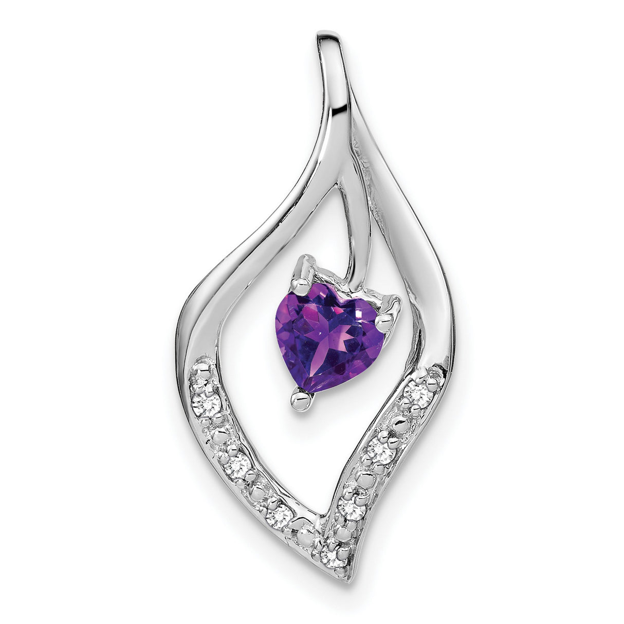 14k White Gold Heart Amethyst Pendant with Diamond Accents, Flame-Inspired Design