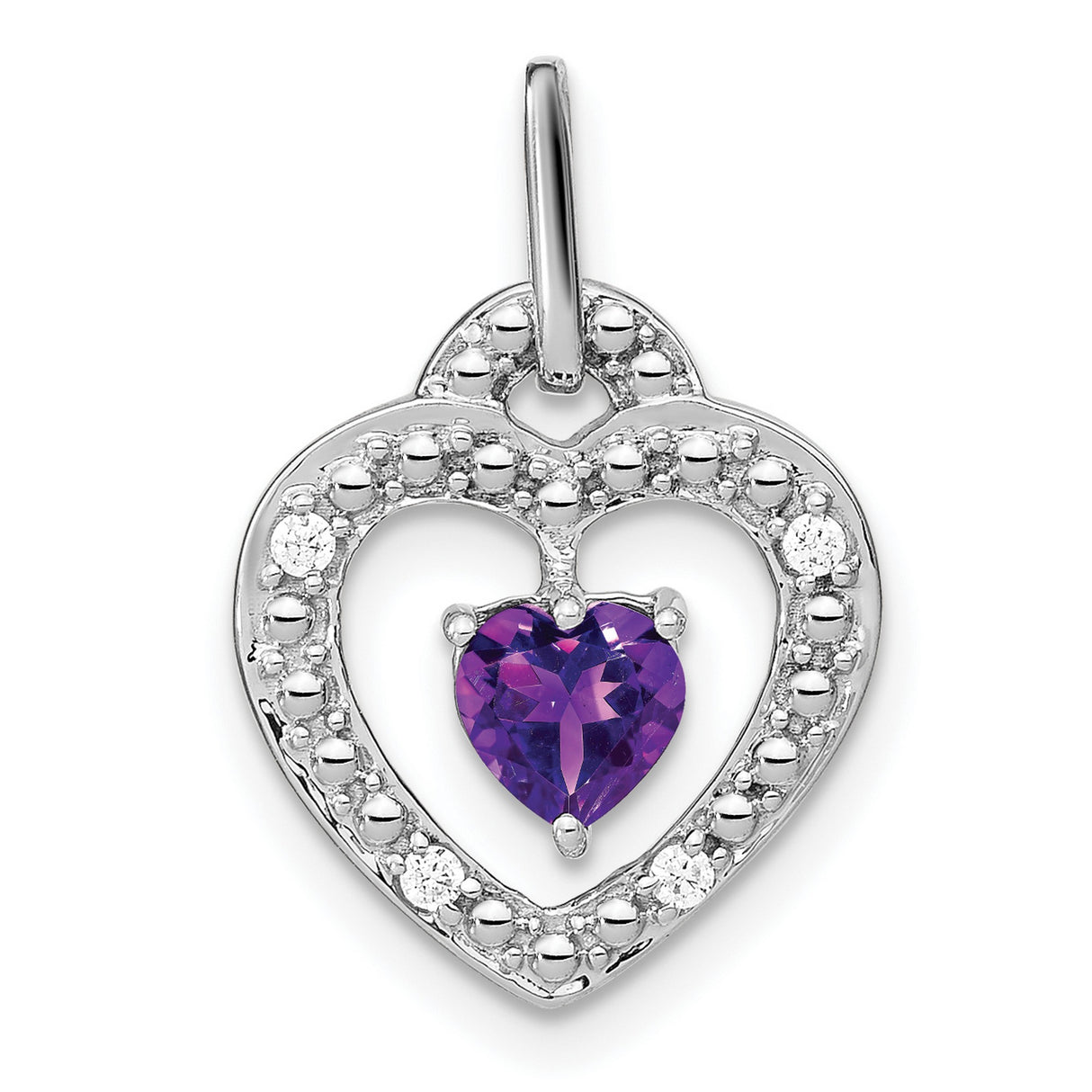 14k White Gold Heart Pendant with Amethyst and Diamond Accents, Romantic Jewelry for Women