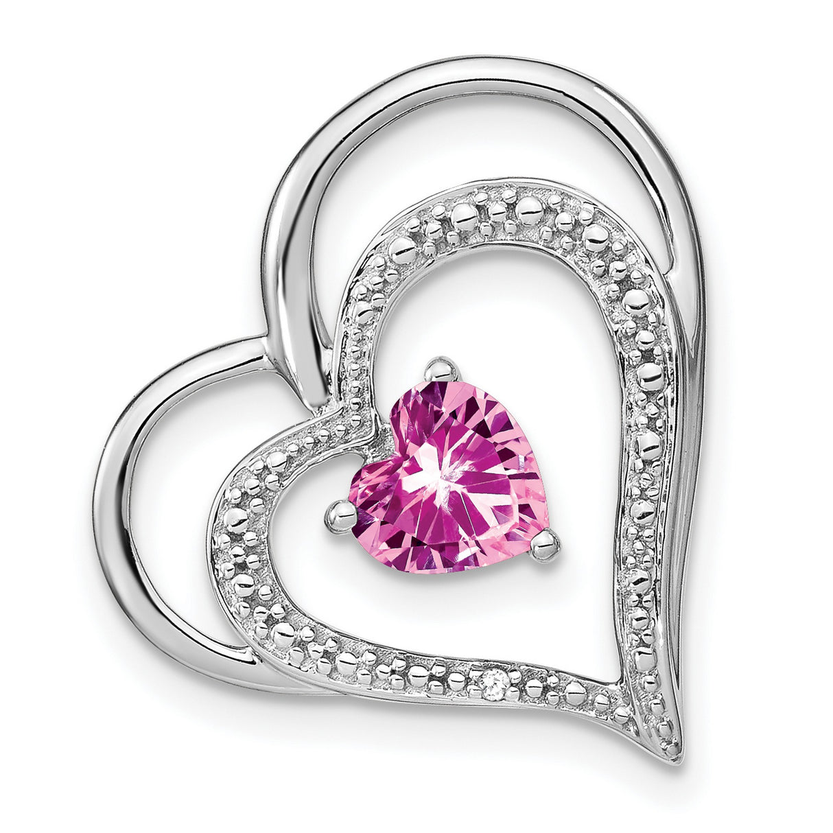 14k White Gold Pendant with Pink Lab Created Sapphire, Diamond Accents, Double Heart Design