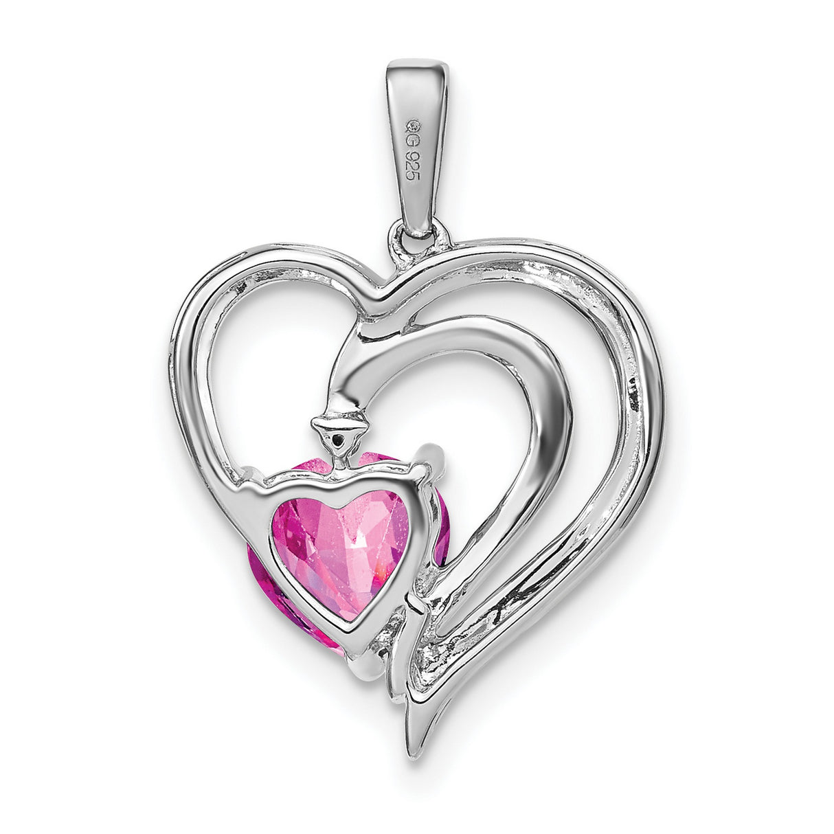 Sterling Silver Heart Pendant with Created Pink Sapphire and Diamond, Double Open Heart Design
