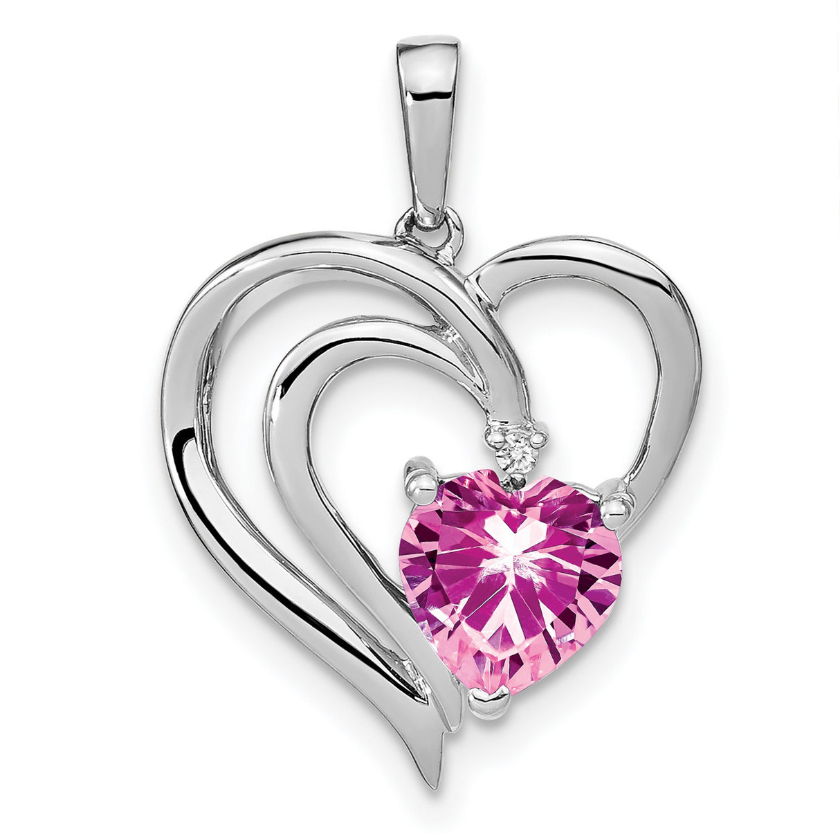 Sterling Silver Heart Pendant with Created Pink Sapphire and Diamond, Double Open Heart Design