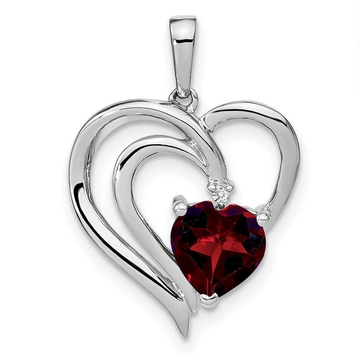 Sterling Silver Heart Pendant with Garnet and Diamond in Open Double Heart Design for Women